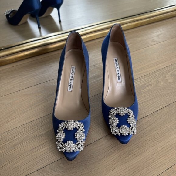 Manolo Blahnik Shoes - Manolo Blahnik Blue Satin Jeweled Pointed Toe Stiletto Pumps